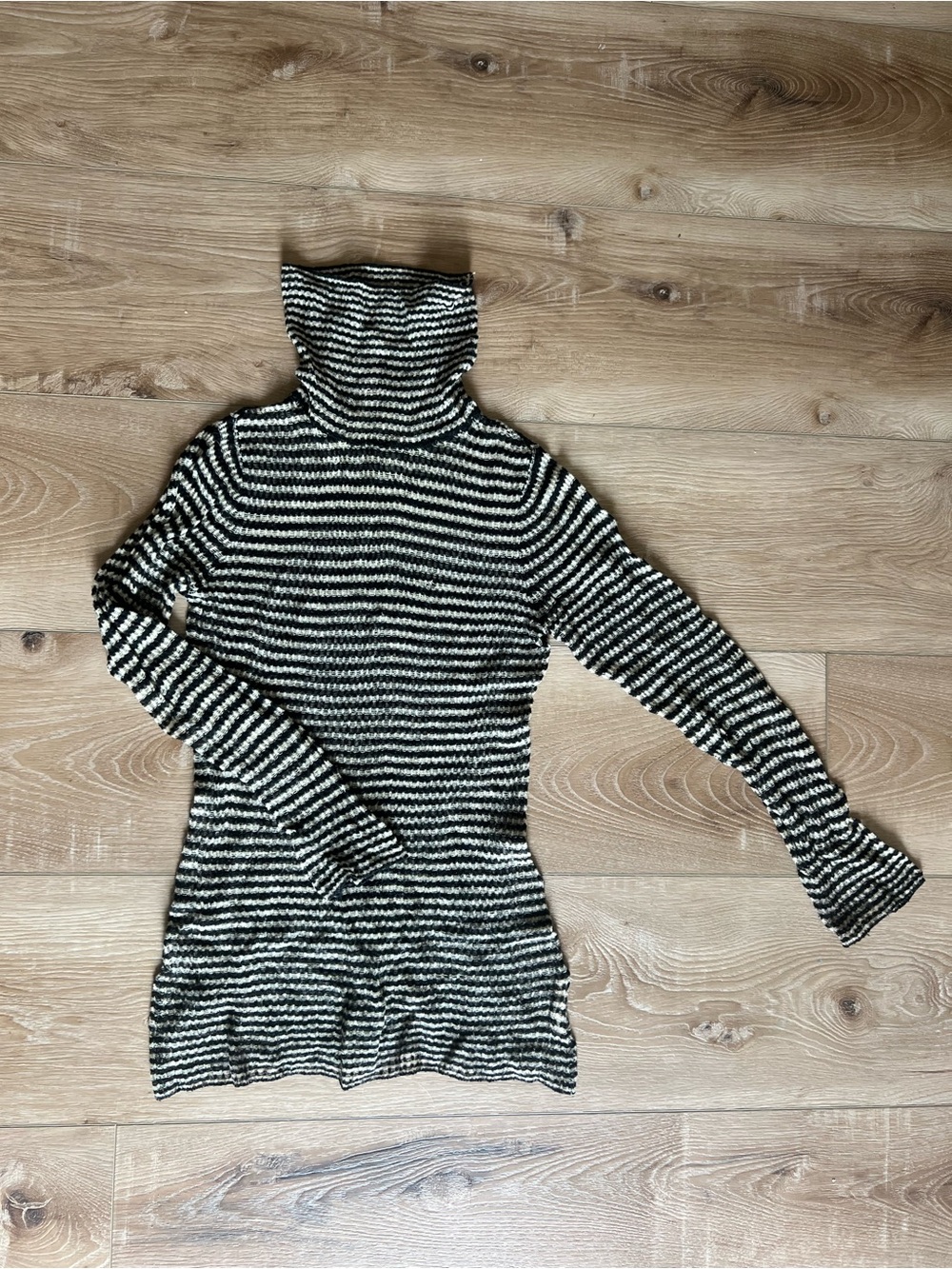 FREE PEOPLE Black and Cream Striped Turtleneck Sweater